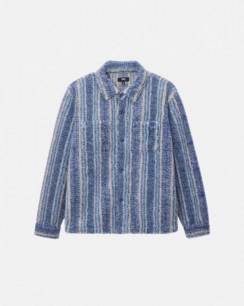 Stussy Gestreept Sherpa Shirt - Unisex Tops Shirts Indigo | NLQCS55554